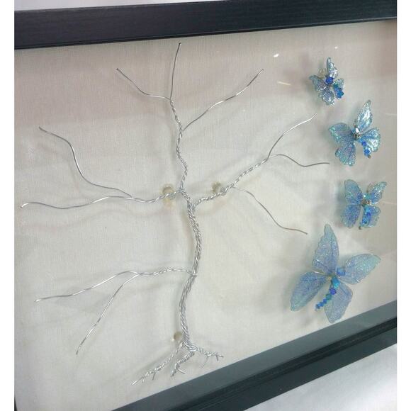 Whimsical Winged Butterflies Framed Art Hand Crafted Wire Tree 15x12 Blue Morpho - Picture 11 of 15